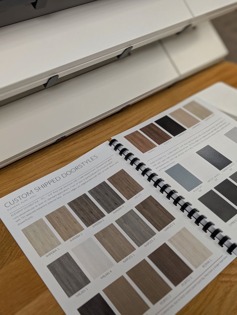 Mullen Factory Direct kitchen cabinet door book samples in variety blue, white, black and wood colors