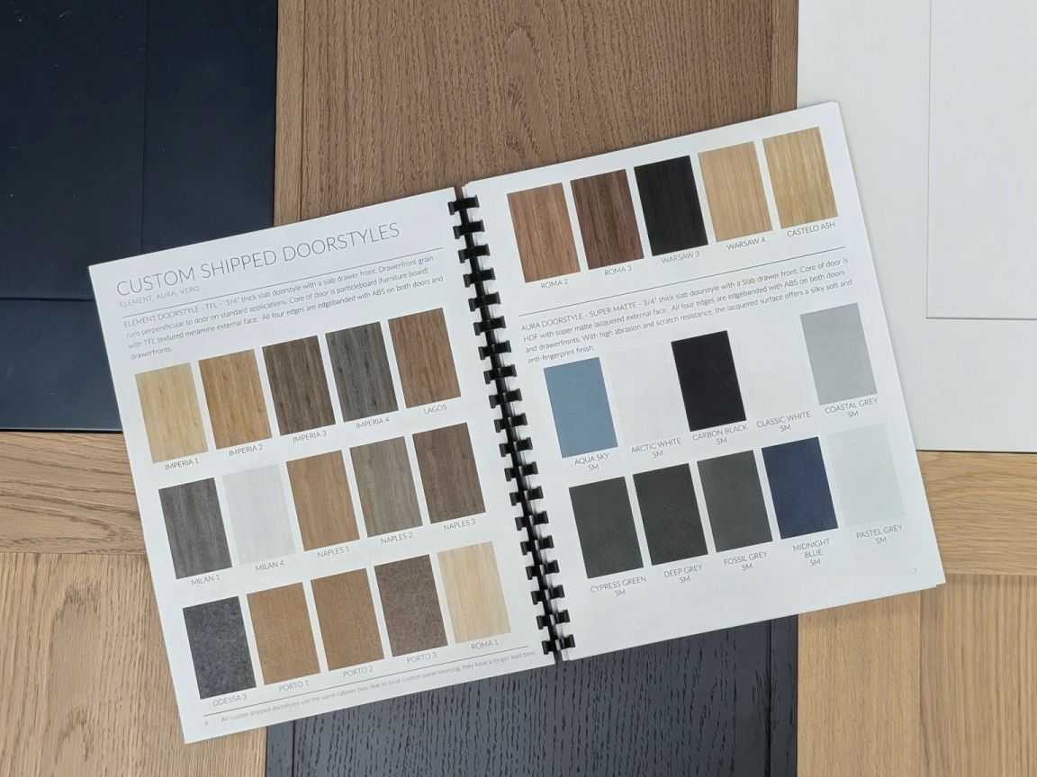 Mullen Factory Direct kitchen cabinet door color samples in variety blue, white, black and wood colors