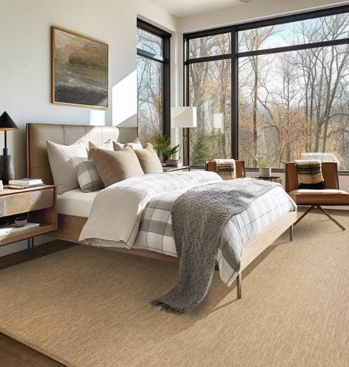 Plush carpet area rug with linear/ribbed striate texture in modern bedroom