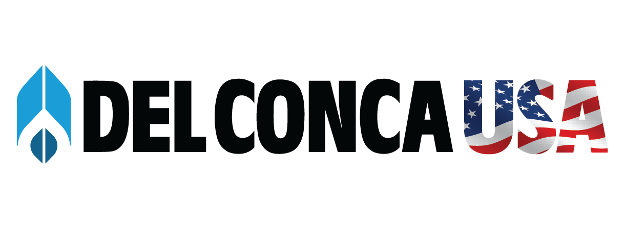 Delconca logo in black letters with USA with the United States American flag, blue background with white stars, white and red stripes. light blue and dark blue shapes on the left on a clear background