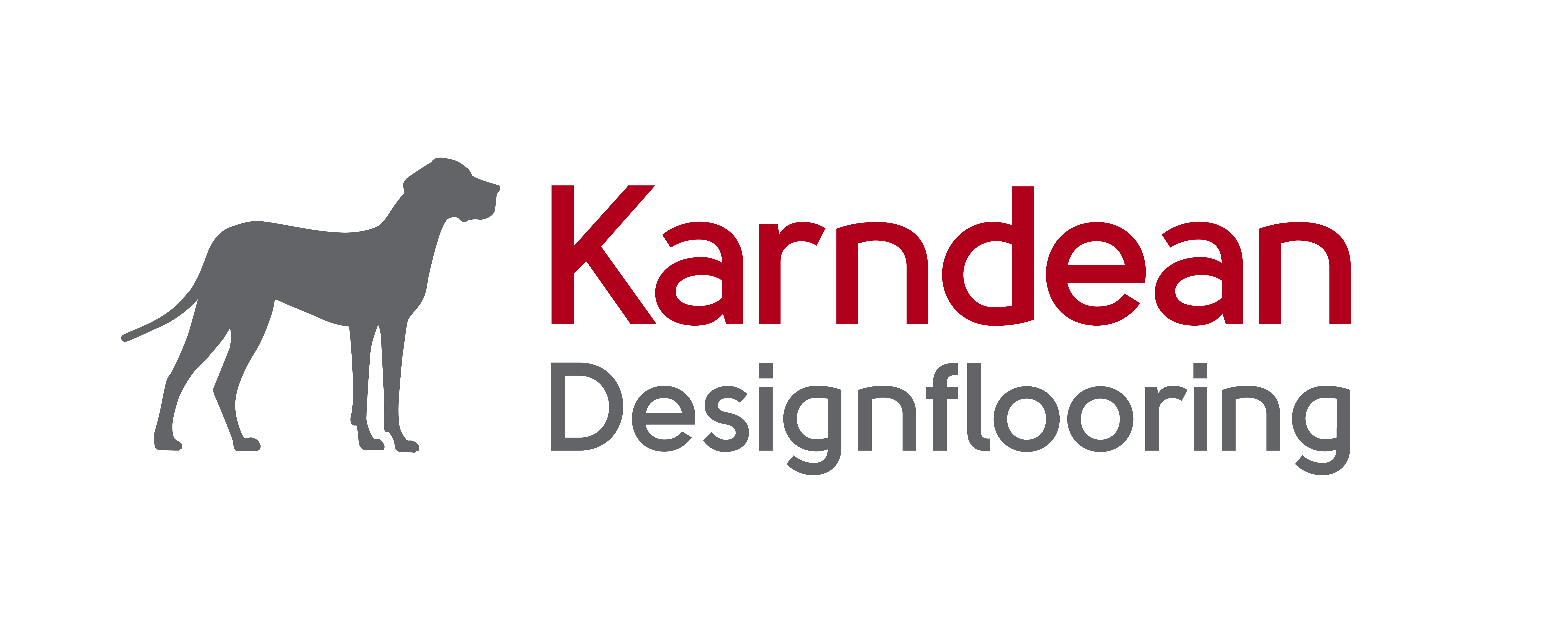 Karndean Design Flooring Logo. Karndean in red letters design flooring one word in grey letters with a grey dog on a clear background