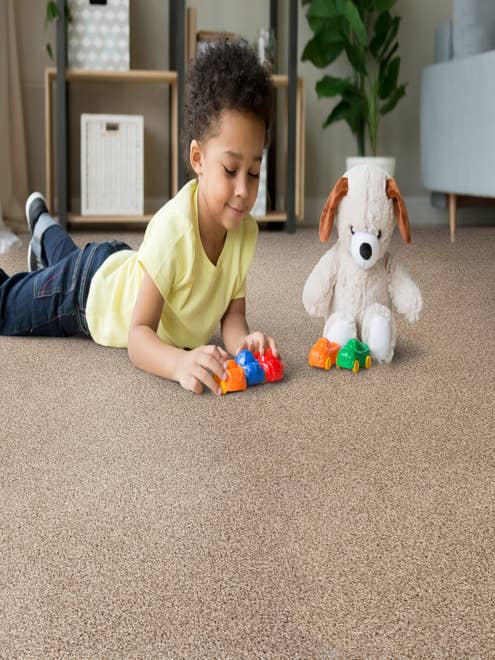 Young boy plays with toy cars and dog stuffed animal on a tan solid carpet