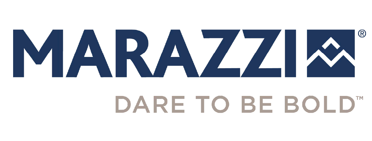 Marazzi Dare to be bold logo, Marazzi in bold blue letters, dare to be bold in tan bold letters on a clear background