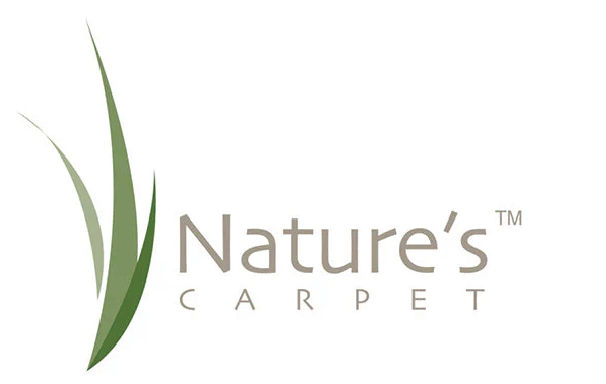 Nature's Carpet logo in tan letters with 3 blades of grass in various shades of green on a white background