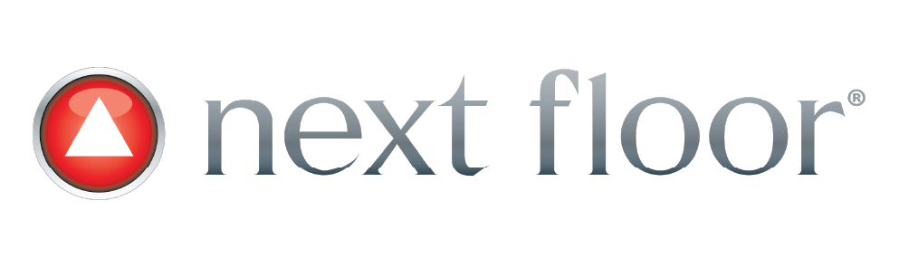 Next Floor logo in grey lower case letters with a red white triangle surrounded by a red circle, outlined in black then grey on a clear background