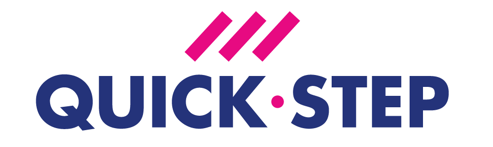 Quick Step logo in purple letters with pink dot between the words and three pink diagonal lines above on a clear background