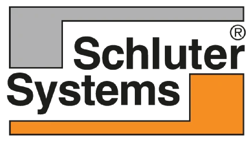 Schluter Systems logo in black letters with a grey box above and an orange box underneath on a clear background