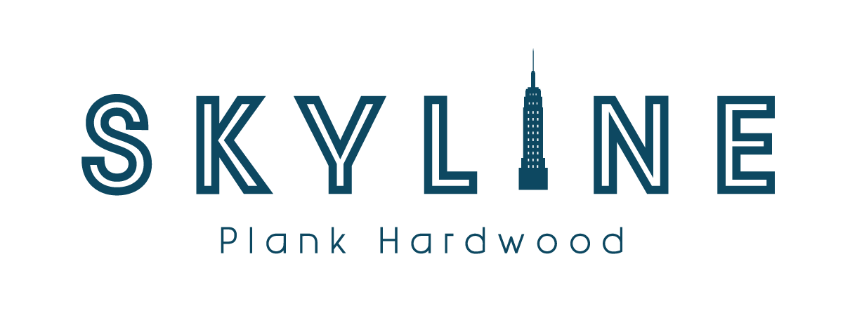 Skyline Plank Hardwood Logo, Skyline in outlined blue letters with a tall building for the letter "i", plank hardwood in blue letters underneath on a clear background
