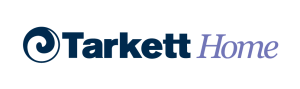 Tarkett Home logo, Tarkett in dark blue block letters, Home in purple italic letters, blue and clear swirl on the left. Logo on clear background
