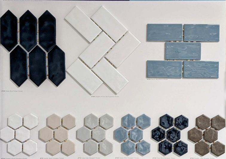 Marazzi Artewzan tile in shades of blue, green, white, black, cream, grey, brown in rectangles and hexagon shapes
