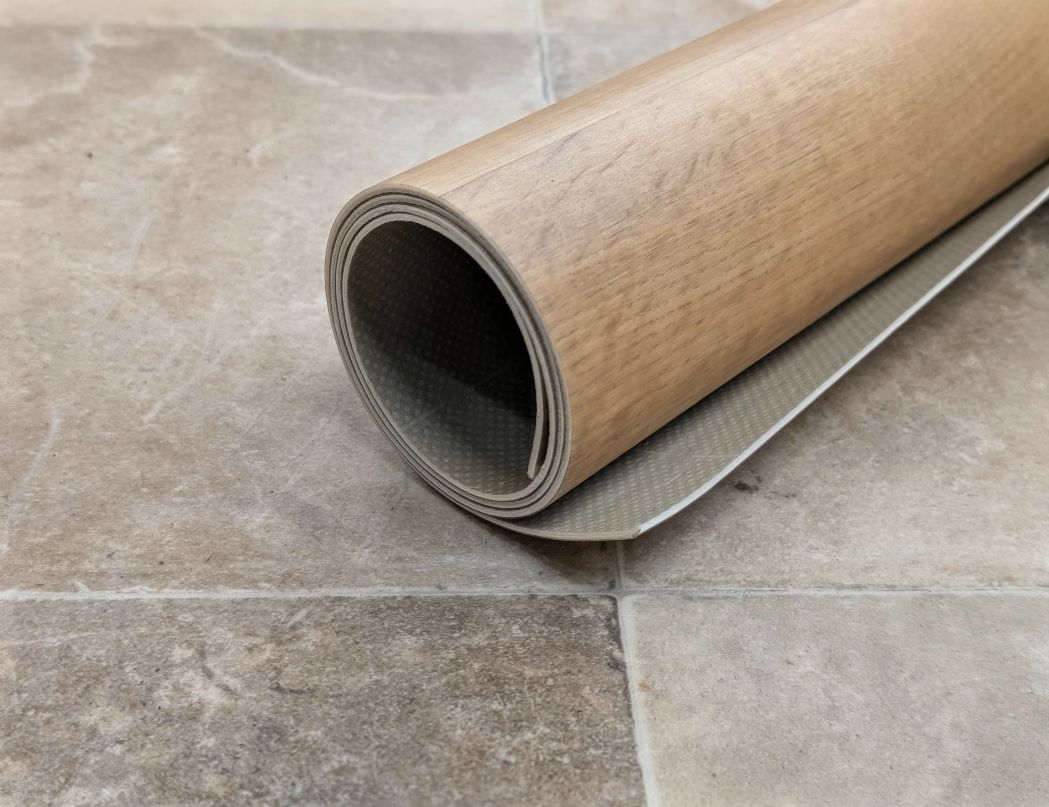 Roll of brown vinyl sheet on a sheet of vinyl square pattern tile.