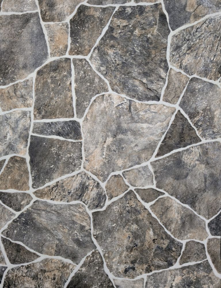 Vinyl Sheet in stone pattern with shades of grey, brown, black and tan.
