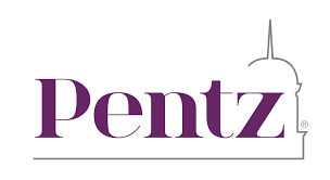 Pentz in purple letters on white background, with an outlined partial building in grey