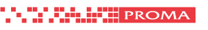 Proma logo red letters and red squares on clear background