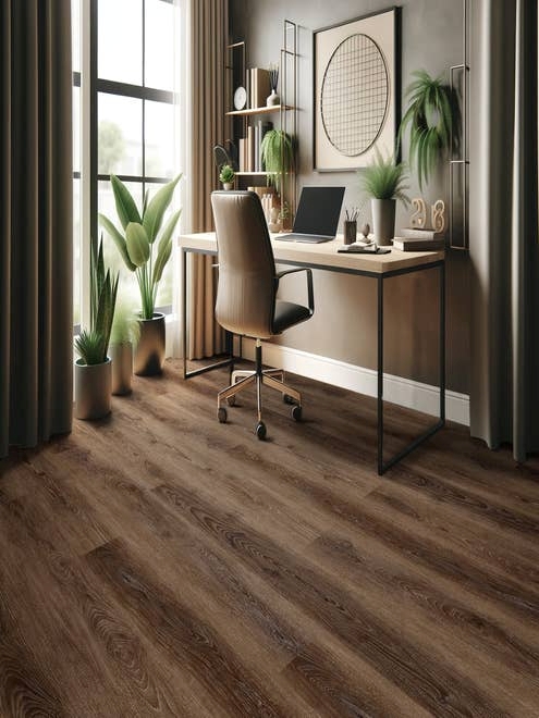 Organic, moody home office scene with rich, dark brown Hartford Espresso Bean LVP