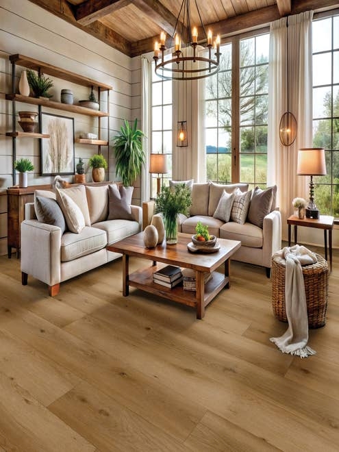 Cozy contemporary living room with cream shiplap walls, warm tan woodgrain floor, wooden shelves, chandelier, and large windows facing countryside