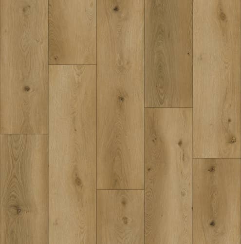 Park City Sahara luxury vinyl plank sample with warm tan color variation, and knot and grain detailing
