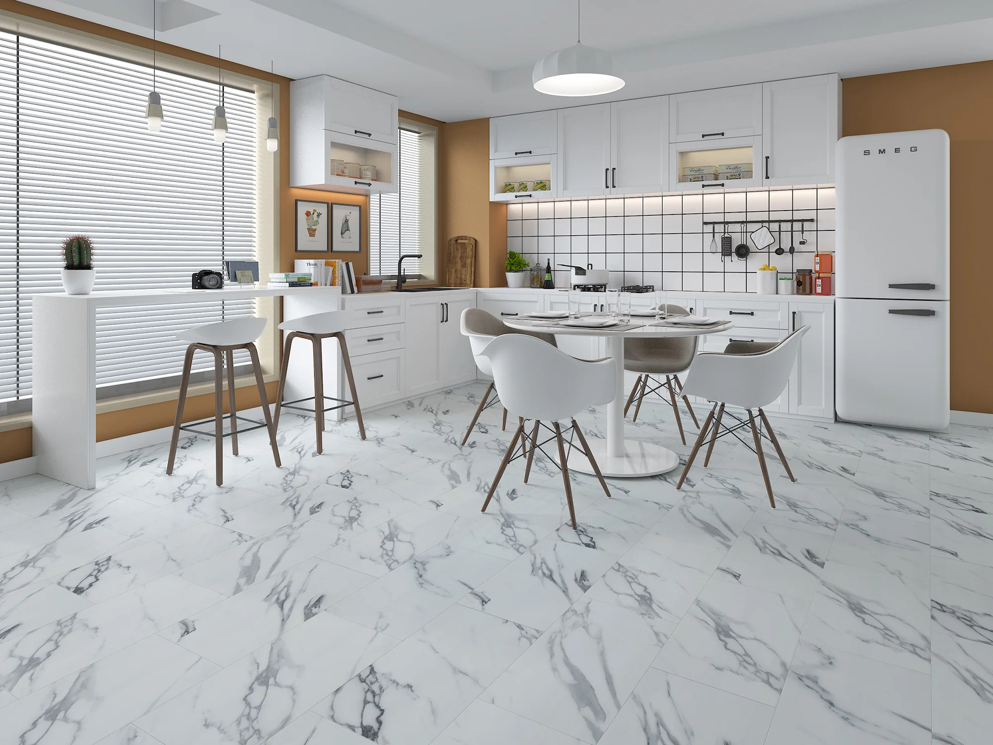 Retro-inspired kitchen with vintage fridge, white cabinetry, breakfast nook, and table over white and gray stone-look tile