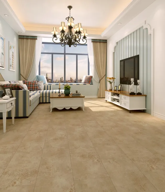 Parisian coastal cottage style living room with large chandelier, couch, coffee table, and television, by large window, with sandy beige luxury vinyl tile floor