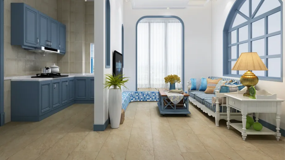 Coastal-cottage inspired apartment with blue kitchen separated from living room area, with blue mosaic tile accents, large chandelier, and cream stone luxury vinyl tile floor