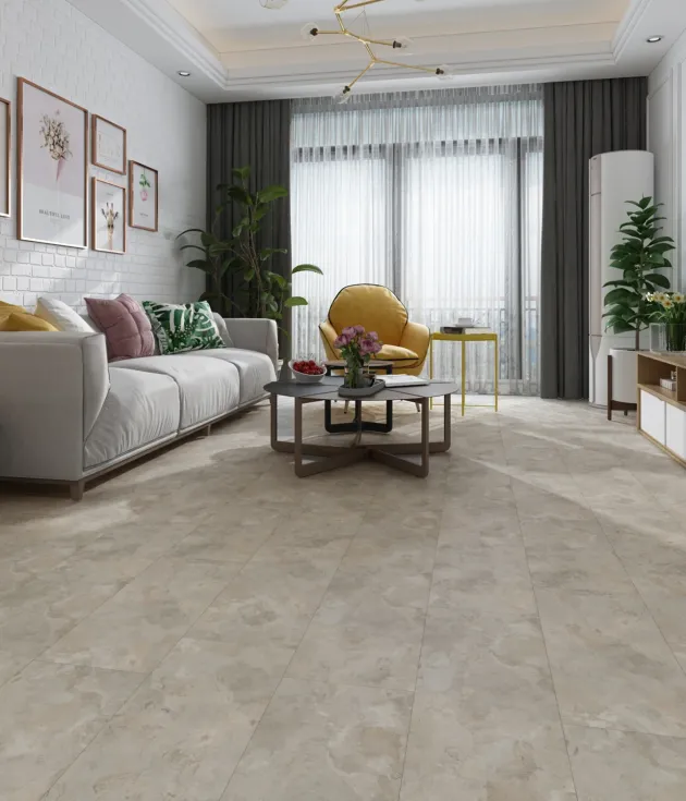 Living room scene with exposed white brick, couch, coffee table, and credenza, with large window and beige and gray stone tile