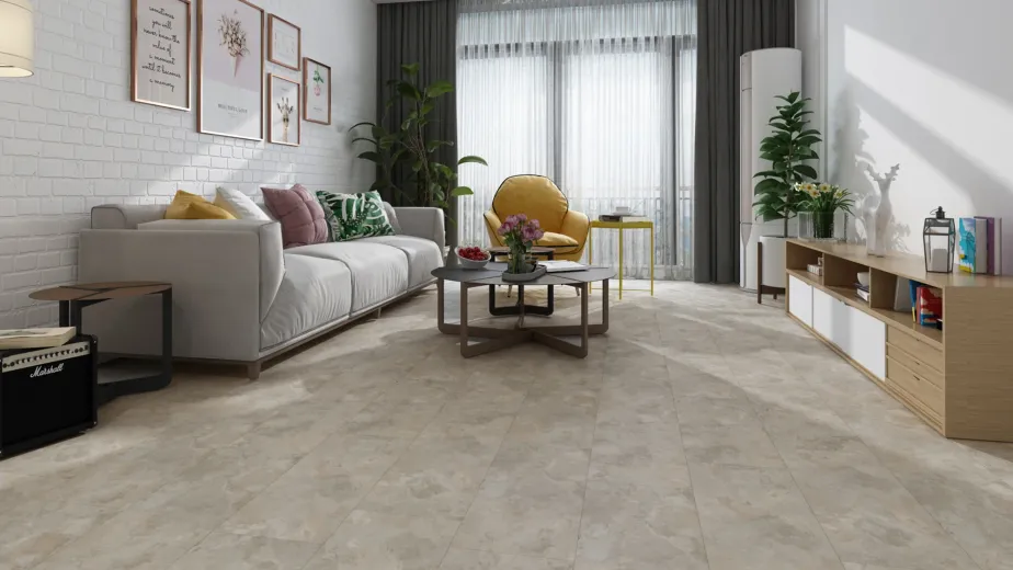 Living room scene with exposed white brick, couch, coffee table, and credenza, with large window and beige and gray stone tile