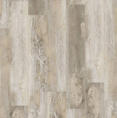 Sample of Rockwood Greystone luxury vinyl plank, a distressed and weathered light gray plank with brown tonal variations and woodgrain detailing