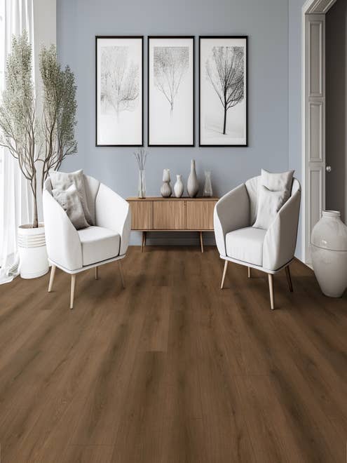 Two white armchairs, wooden credenza, and large potted tree before three paintings, in room with pale blue walls and medium brown LVP floor