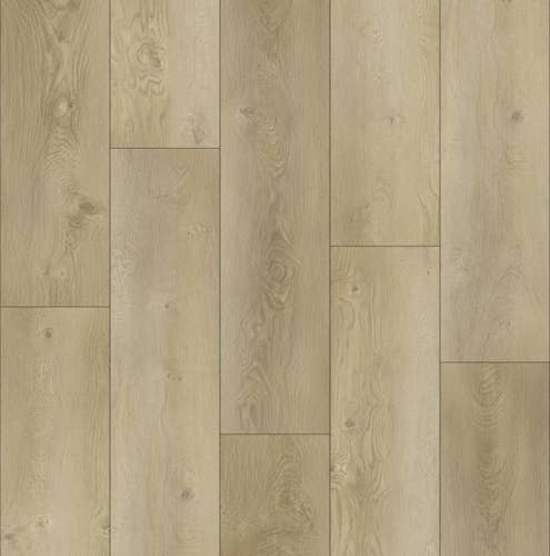 Vail Valley Frosted Almond luxury vinyl plank sample, with beige tonal variation, organic knots, and subtle woodgrain texture