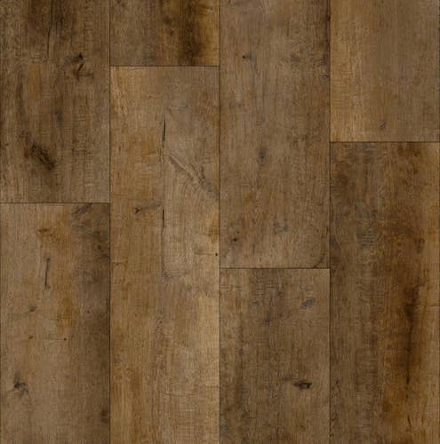 Whispering Ridge Fawn luxury vinyl plank sample, with wide planks with brown and tan tonal variation, woodgrain detailing, knots, and a slightly rustic and weathered style
