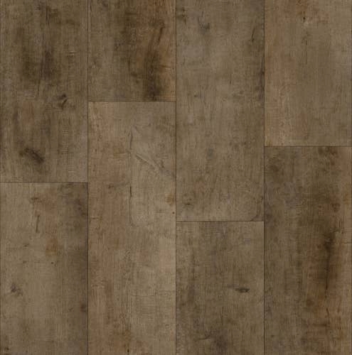 Whispering Ridge Pebble luxury vinyl plank sample, with oversized boards featuring tonal variation, woodgrain, and knots for an organic feel
