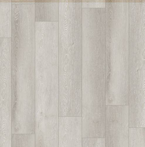 Woodstock Fossil luxury vinyl plank sample, with subtle gray tonal variation, knot detailing, and woodgrain texture