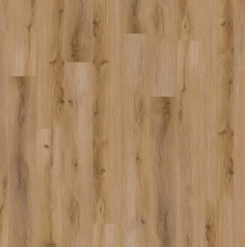 Yukon Natural Honey luxury vinyl plank sample, with light brown tonal variation, knots, and woodgrain texture, with oversized planks