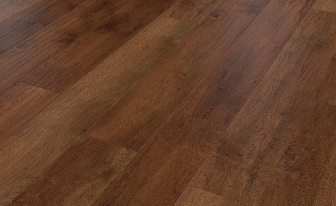 Sample of Autumn Oak, a dark, warm, rich brown luxury vinyl floor with woodgrain texture and knots