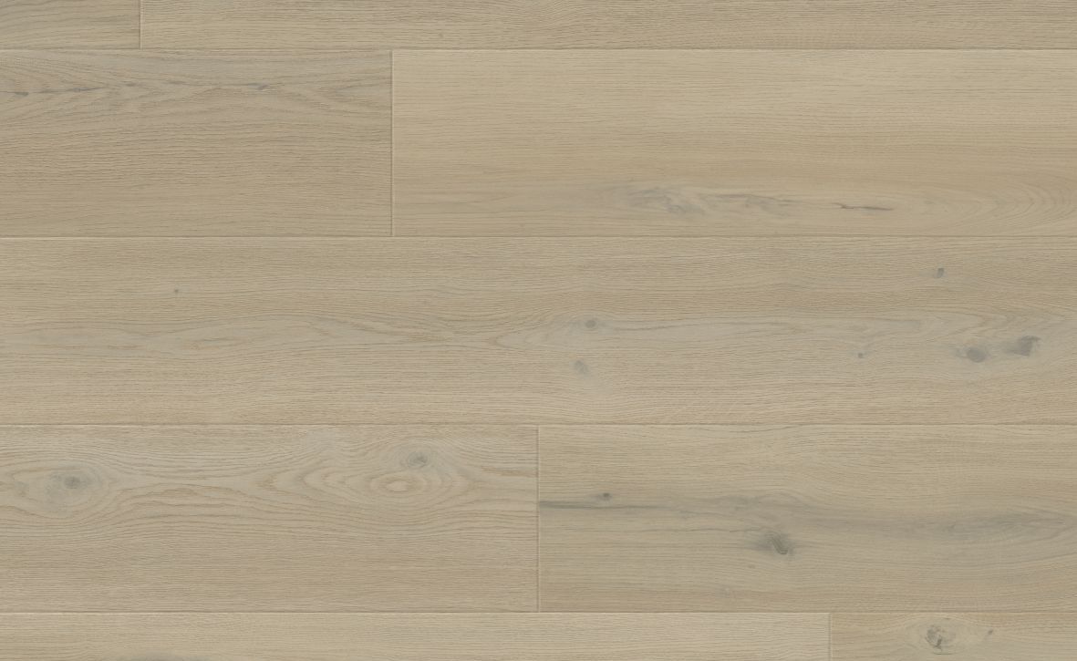 Sample of Basque Oak luxury vinyl plank, a beige/taupe woodgrain with realistic knots and texture