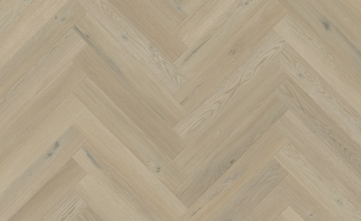 Sample of Basque Oak, a taupe/beige woodgrain floor in a herringbone design, with woodgrains and texture