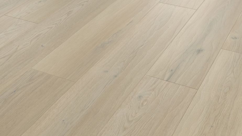 Sample of Basque Oak luxury vinyl plank, a beige/taupe plank with realistic woodgrain and texture