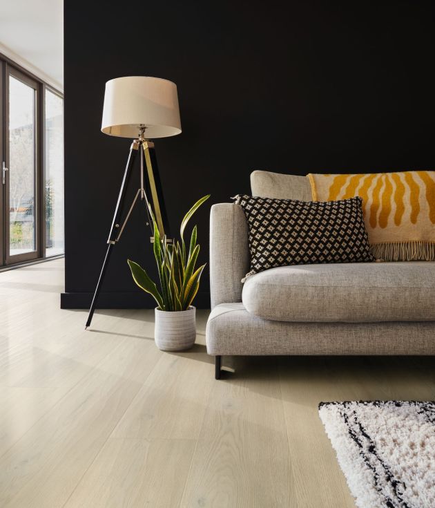 Living room with black wall, light beige/taupe woodgrain floor, gray mid-century sofa, potted plant, and floor lamp