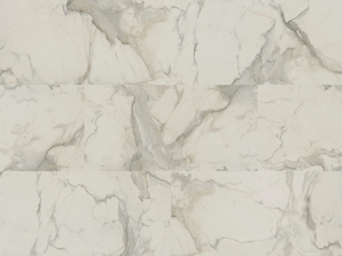 Sample of Calacatta d'Oro, a marble-look luxury vinyl tile with white and gray marbling