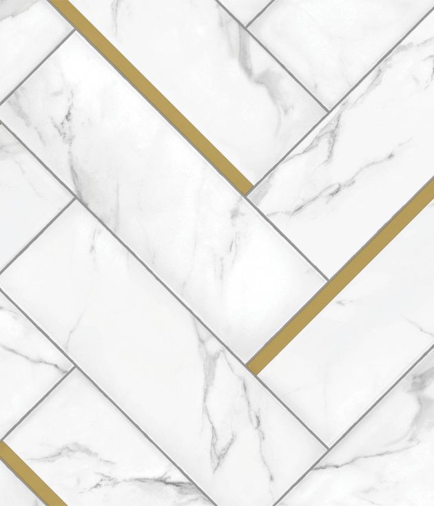 Sample of Monoco Calacatta, a white marble-look luxury vinyl sheet product with a herringbone design with gold accents
