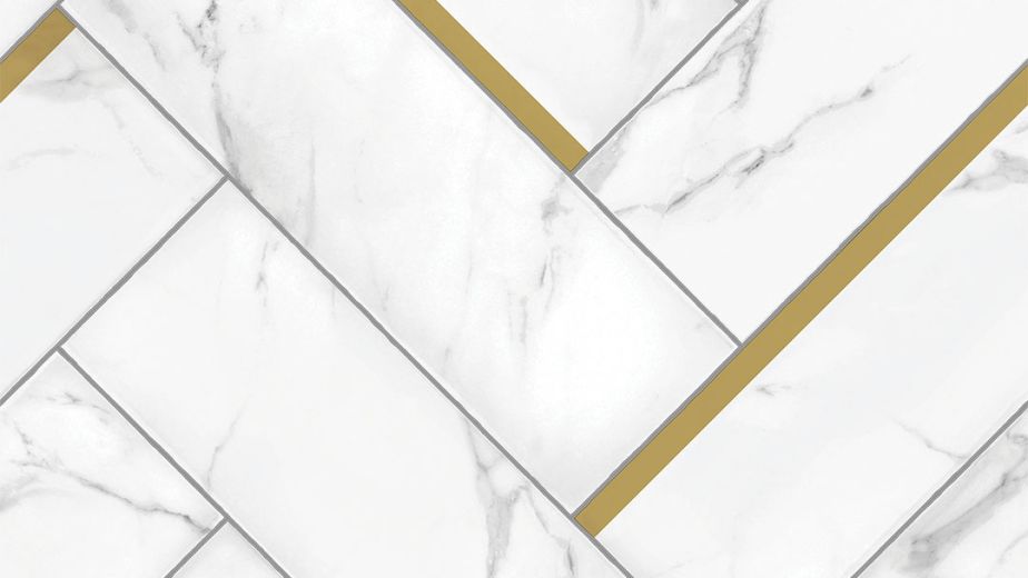 Sample of Monoco Calacatta, a white marble-look luxury vinyl sheet product with a herringbone design with gold accents