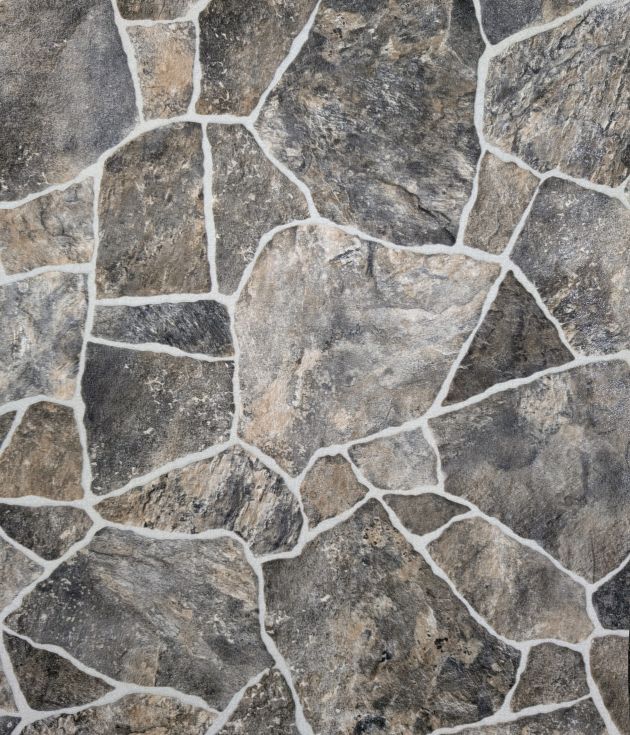 Earthbound Fossil sheet vinyl sample, showing rustic gray and brown stones with white grout between