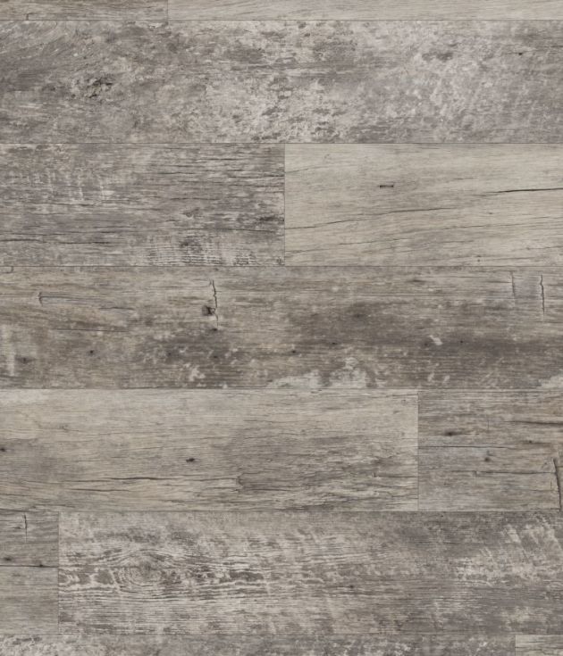 Aged Redwood LVT sample showing weathered gray shades, distressed woodgrain texture, and rustic style