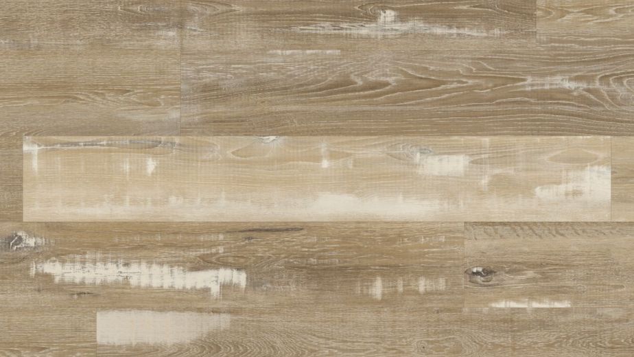 Blond Farmhouse Oak sample, a taupe woodgrain look with high shade variance, distressed detailing, and hints of leftover white paint