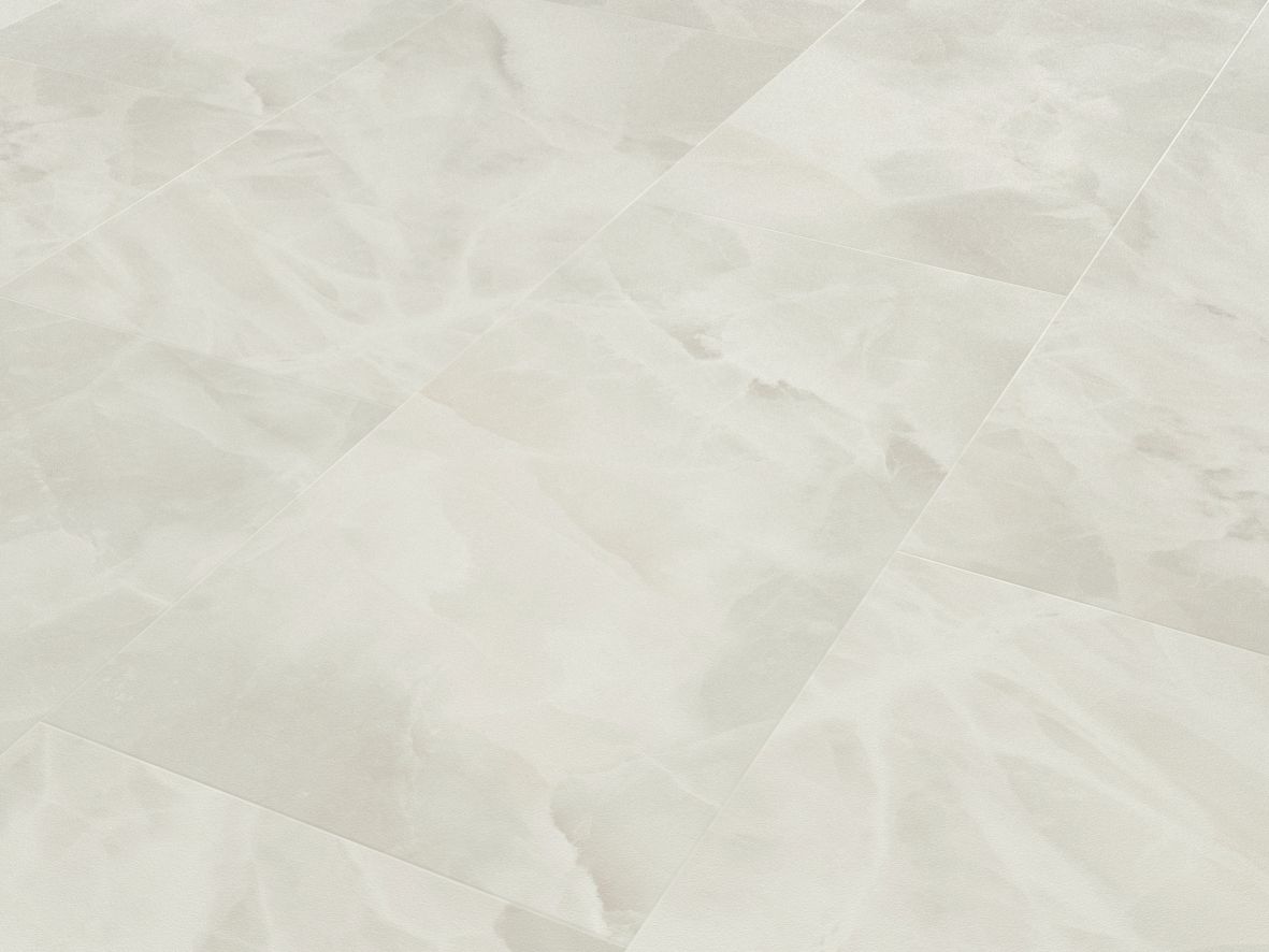 Pearl Onyx LVT sample showing opalescent white stone with gray marbling
