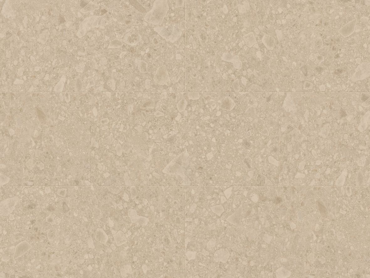 Sabbia Ceppo LVT sample, a taupe and beige rectangular terrazzo-look tile