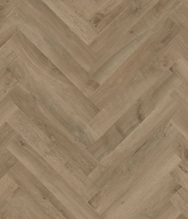 Salon Oak LVP sample, showing narrow muted brown oak planks installed in herringbone design