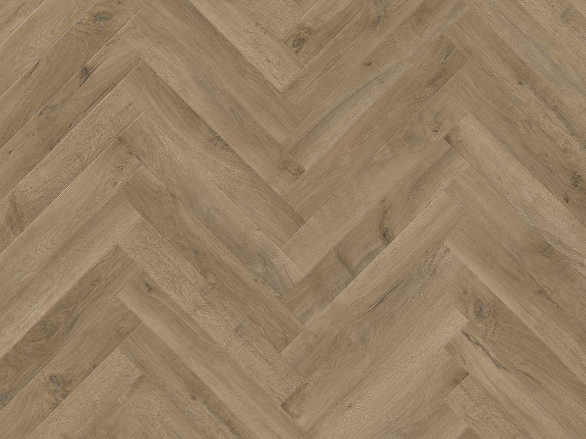 Salon Oak LVP sample, showing narrow muted brown oak planks installed in herringbone design