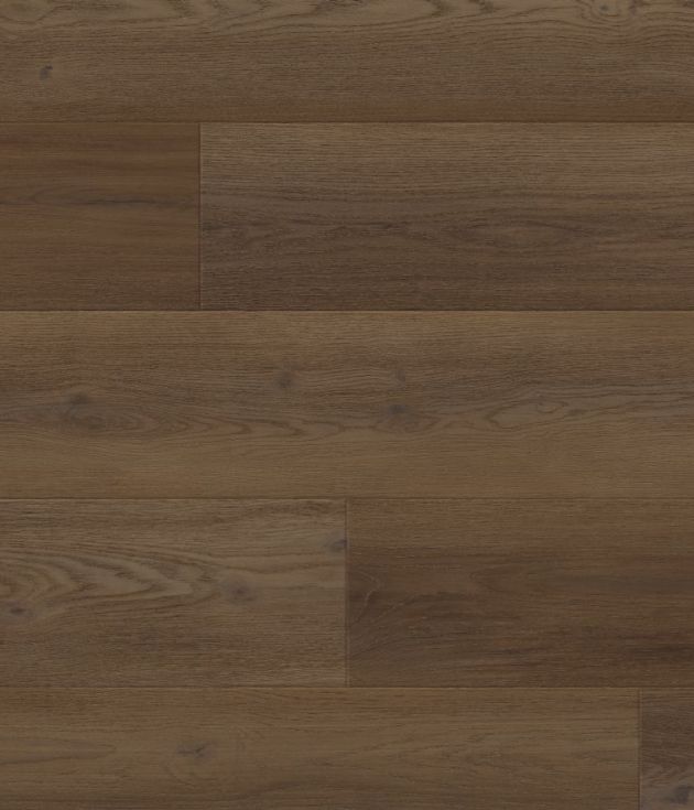 Sample of Serrano Oak LVP, a warm, medium brown woodgrain pattern with knots and subtle scraped and brushed texture