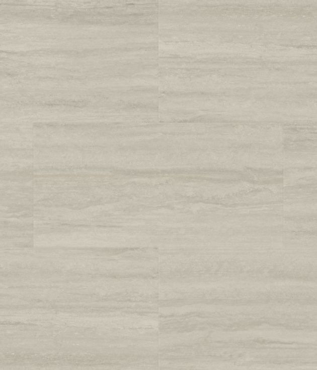 Sample of Silk Travertino, a rectangular grey travertine-style luxury vinyl tile with various shades of gray throughout